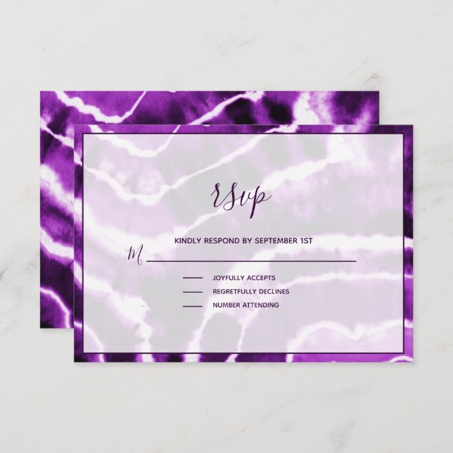 Elegant Deep Purple Marble Batik Wedding RSVP Card (Front/Back)