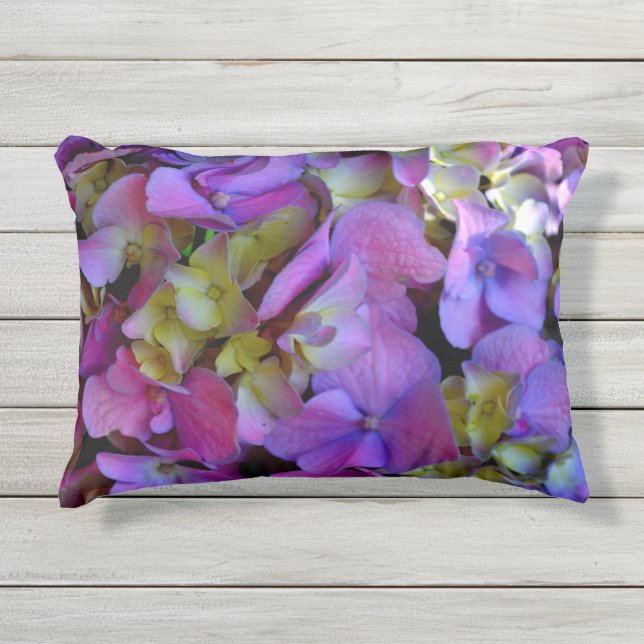 Elegant deep purple pink magenta floral hydrangeas outdoor pillow (Front)