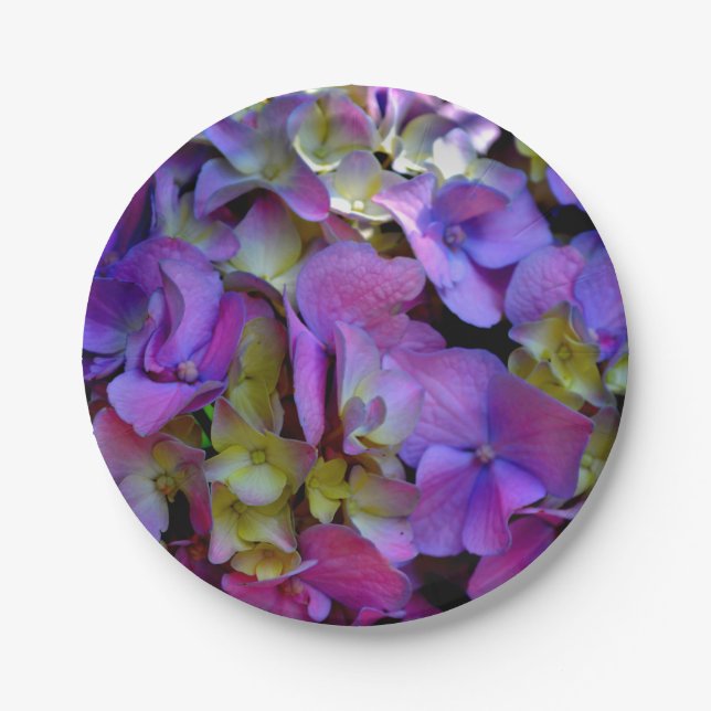 Elegant deep purple pink magenta floral hydrangeas paper plates (Front)