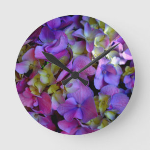 Elegant deep purple pink magenta floral hydrangeas round clock