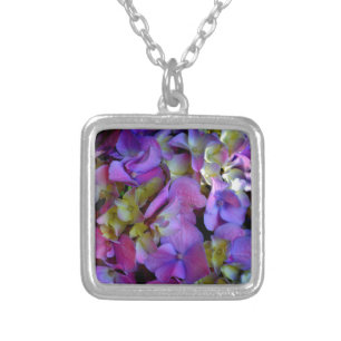 Elegant deep purple pink magenta floral hydrangeas silver plated necklace