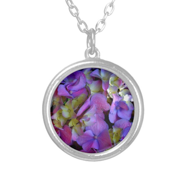 Elegant deep purple pink magenta floral hydrangeas silver plated necklace (Front)