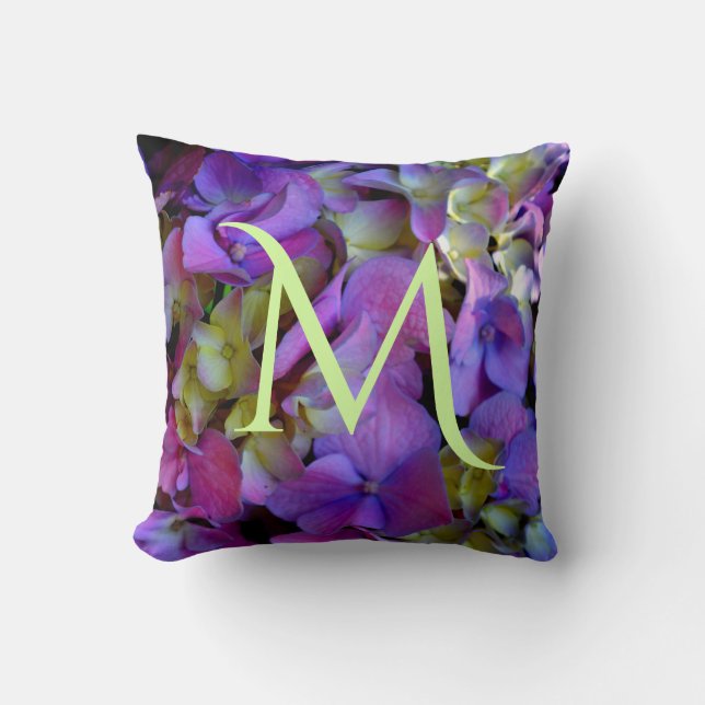 Elegant deep purple pink magenta floral hydrangeas throw pillow (Front)