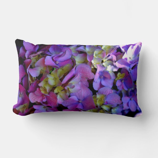 Elegant deep purple pink magenta hydrangeas floral lumbar pillow (Front)