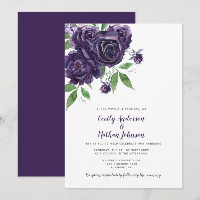 Elegant Deep Purple Roses Greenery Wedding Invitation (Front/Back)