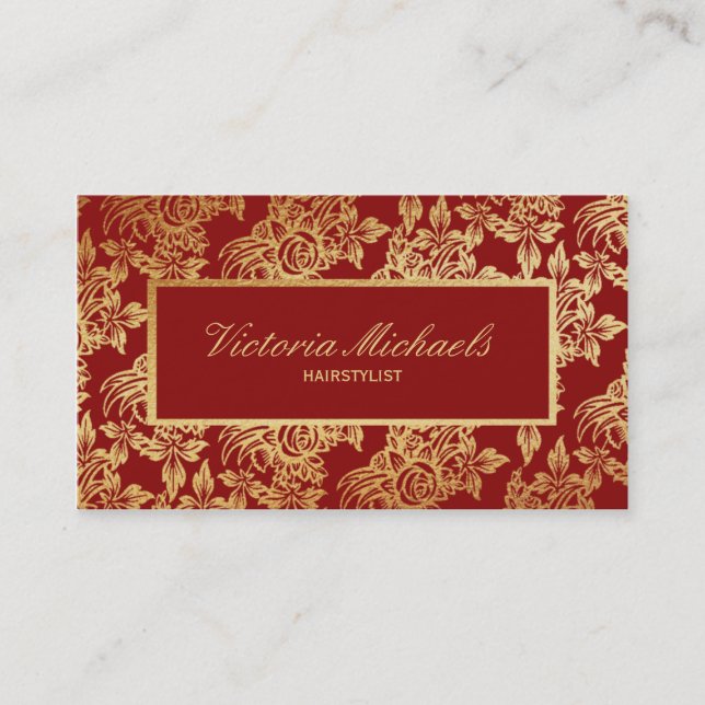 Elegant Deep Red and Gold Floral Business Card (Front)