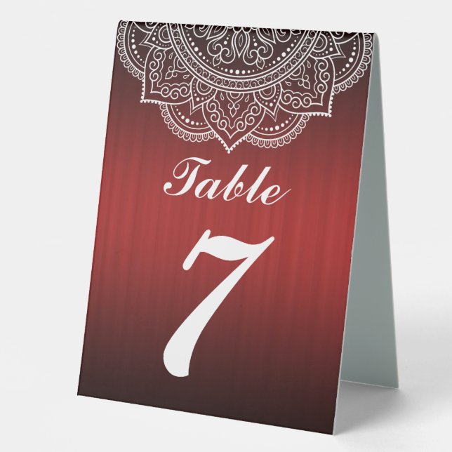 Elegant Deep red and White Indian Paisley Wedding Table Tent (Front)