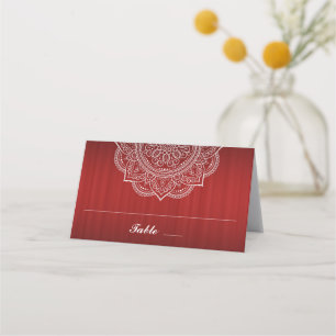 Elegant Deep Red and White Paisley Indian Wedding Place Card