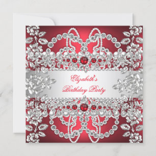 Elegant Deep Red Diamonds Silver Floral Birthday Invitation