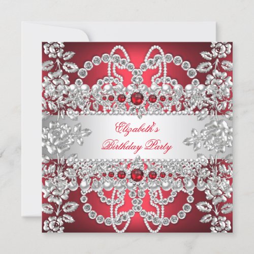 Elegant Deep Red Diamonds Silver Floral Birthday Invitation