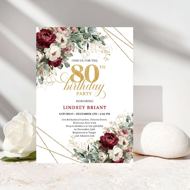 Elegant Deep Red Floral 80th Birthday Invitation (Elegant Deep Red Floral 80th Birthday)
