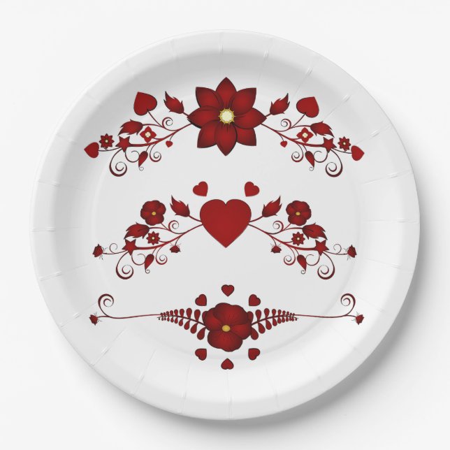 Elegant Deep Red Floral Flourish Paper Plates (Front)