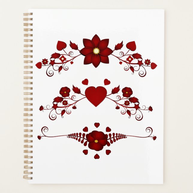Elegant Deep Red Floral Flourish Planner (Front)