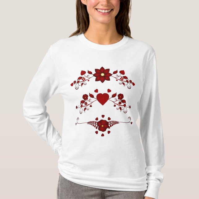 Elegant Deep Red Floral Flourish T-Shirt (Front)