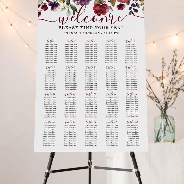 Elegant Deep Red Floral Wedding Seating Chart Foam Board (In Situ (Stand))