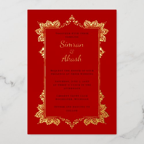 Elegant deep red indian wedding invitation foil invitation