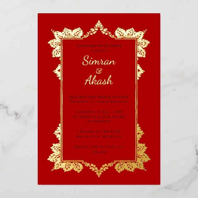 Elegant deep red indian wedding invitation foil invitation (Front)