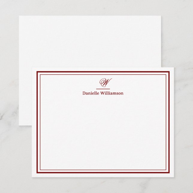 Elegant Deep Red  Monogram Double Border White Note Card (Front/Back)