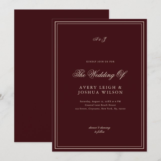 Elegant Deep Red Monogram Old Money Wedding Invitation (Front/Back)