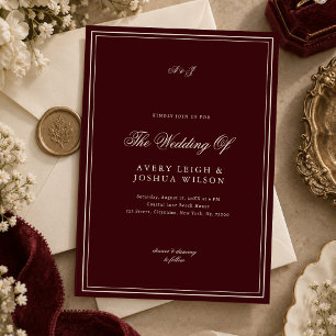 Elegant Deep Red Monogram Old Money Wedding Invitation