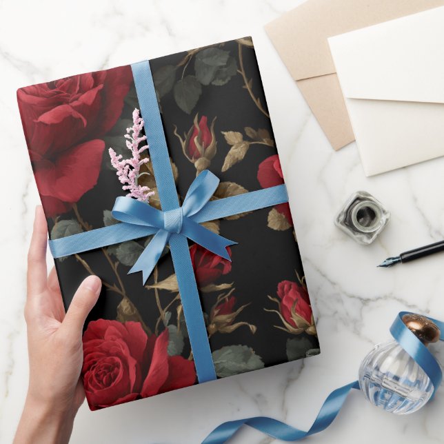 Elegant Deep Red Rose Black Floral Pattern Wrapping Paper (Gifting)