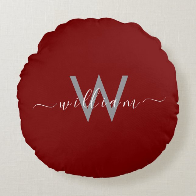 Elegant Deep Red Round Pillow with Custom Name (Front)