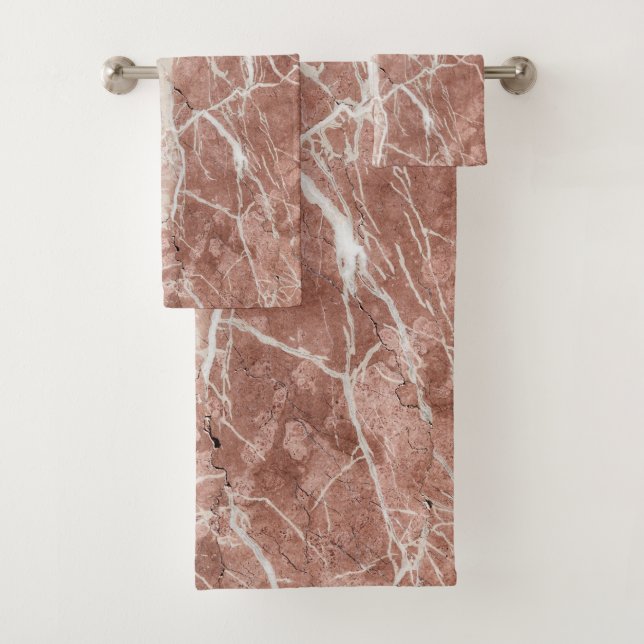 Elegant Deep Rose and White Marble Bath Towel Set (Insitu)