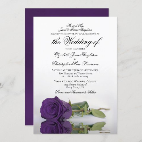 Elegant Deep Royal Purple Rose Formal Wedding Invitation