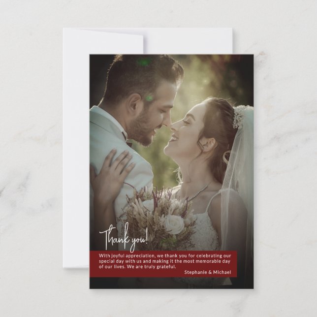Elegant Deep Ruby Red Photo Banner Wedding Thank You Card (Front)