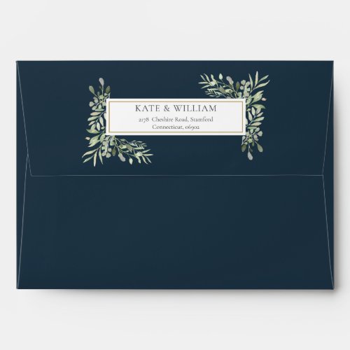 Elegant Deep Sea Blue Botanical Greenery Wedding Envelope