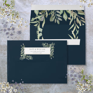 Elegant Deep Sea Blue Botanical Greenery Wedding Envelope