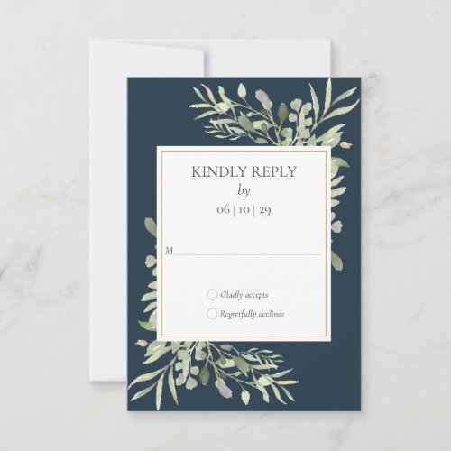 Elegant Deep Sea Blue Greenery Leaves Wedding RSVP