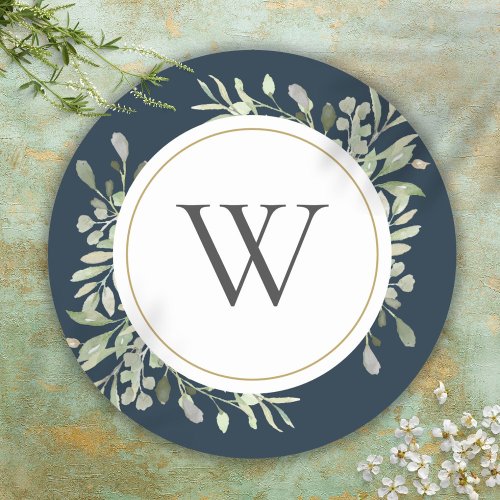 Elegant Deep Sea Blue Greenery Monogram Initial Classic Round Sticker