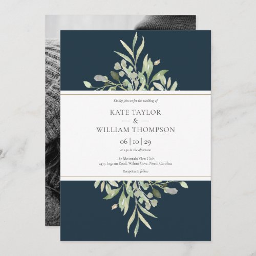 Elegant Deep Sea Blue Greenery Photo Wedding Invitation