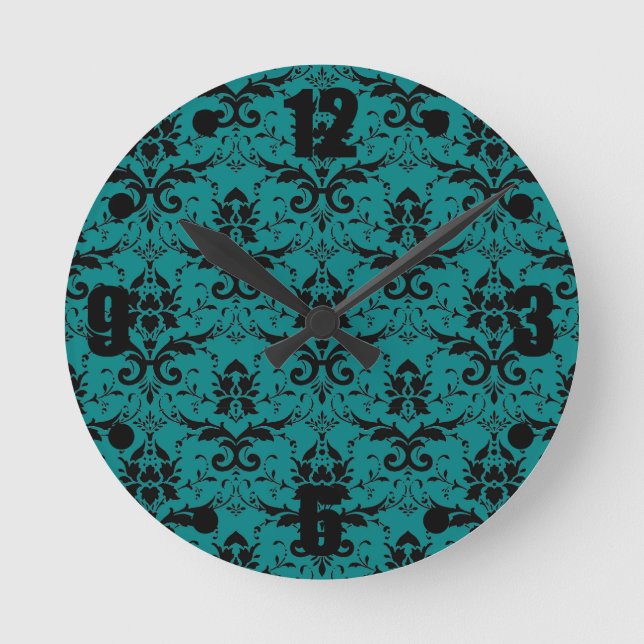 Elegant Deep Teal Black Damask Pattern Round Clock (Front)