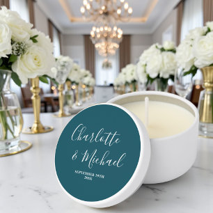 Elegant Deep Teal Script Minimalist Wedding Mini Candle Favors