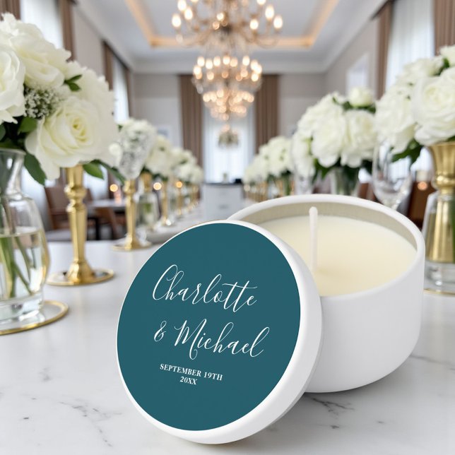 Elegant Deep Teal Script Minimalist Wedding Mini Candle Favors (Creator Uploaded)