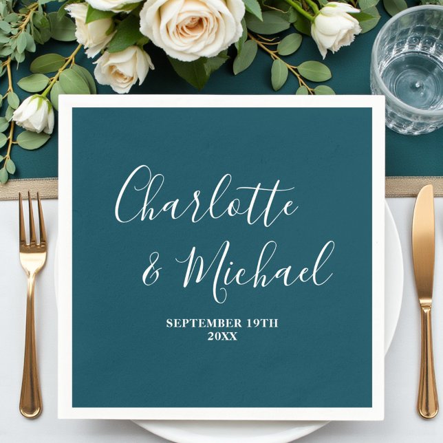 Elegant Deep Teal Script Minimalist Wedding Napkins (Creator Uploaded)