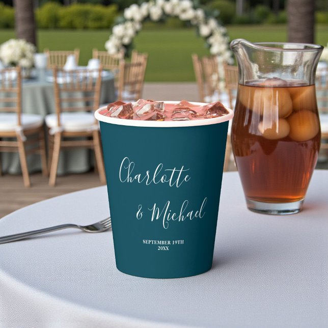 Elegant Deep Teal Script Minimalist Wedding Paper Cups (Creator Uploaded)