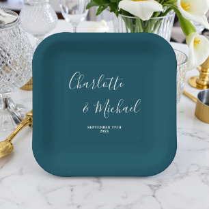 Elegant Deep Teal Script Minimalist Wedding Paper Plates