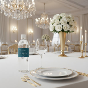 Elegant Deep Teal Script Minimalist Wedding Water Bottle Label