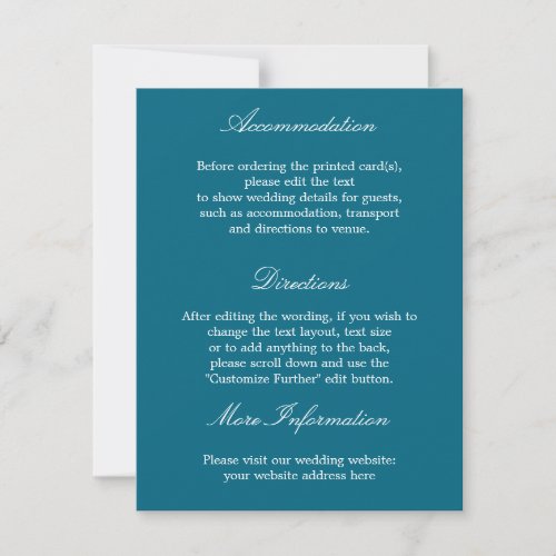 Elegant Deep Turquoise Blue Wedding Details Card