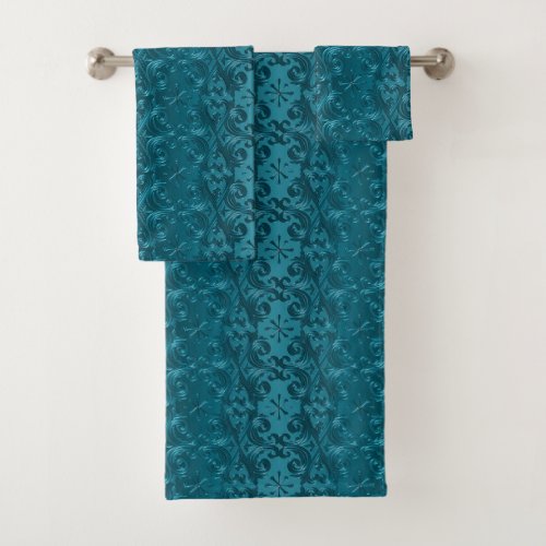 Elegant Deep Turquoise Gradient Floral Damask Bath Towel Set