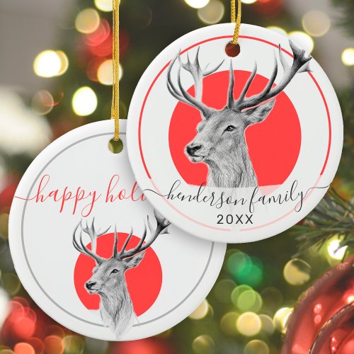 Elegant Deer Art Red Personalized Christmas Ceramic Ornament