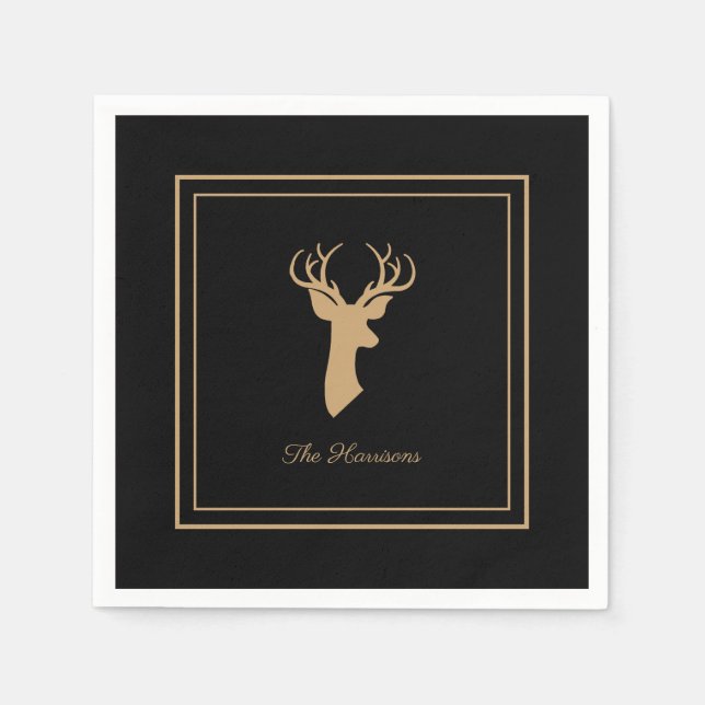 Elegant Deer Black & Tan Farmhouse Style Napkins (Front)