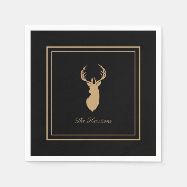 Elegant Deer Black & Tan Farmhouse Style Napkins (Front)