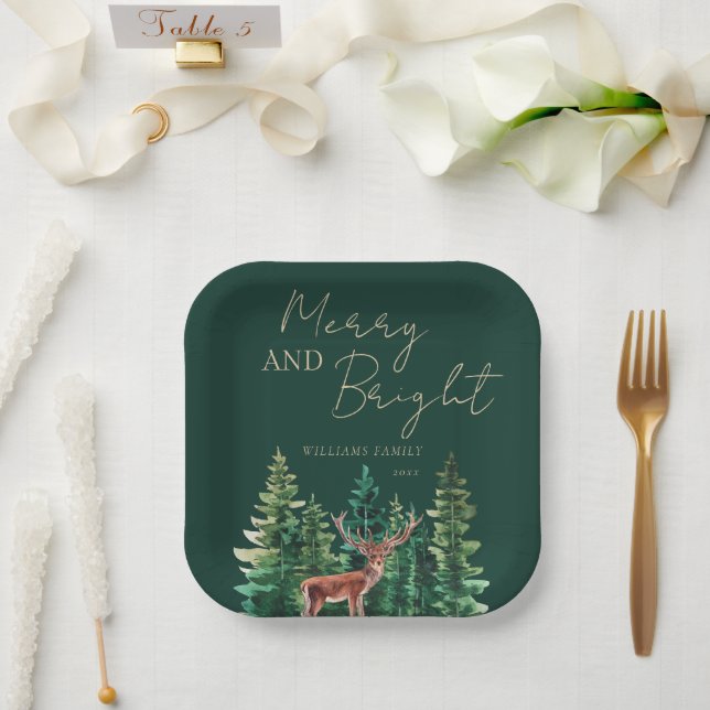 Elegant Deer Christmas Family Name Paper Plates (Wedding)