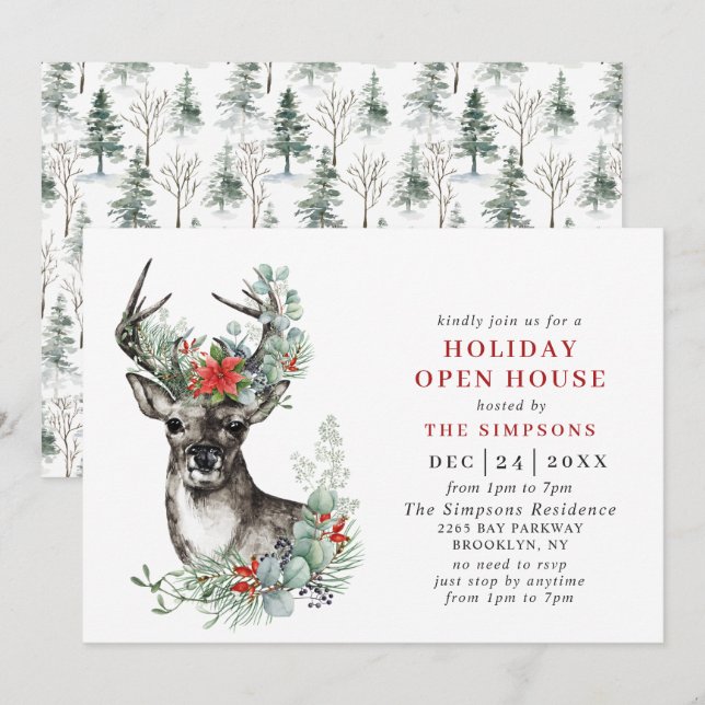 Elegant Deer Christmas HOLIDAY OPEN HOUSE Invitation (Front/Back)