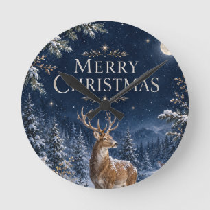 Elegant Deer Christmas, Vintage Woodland Engraving Round Clock