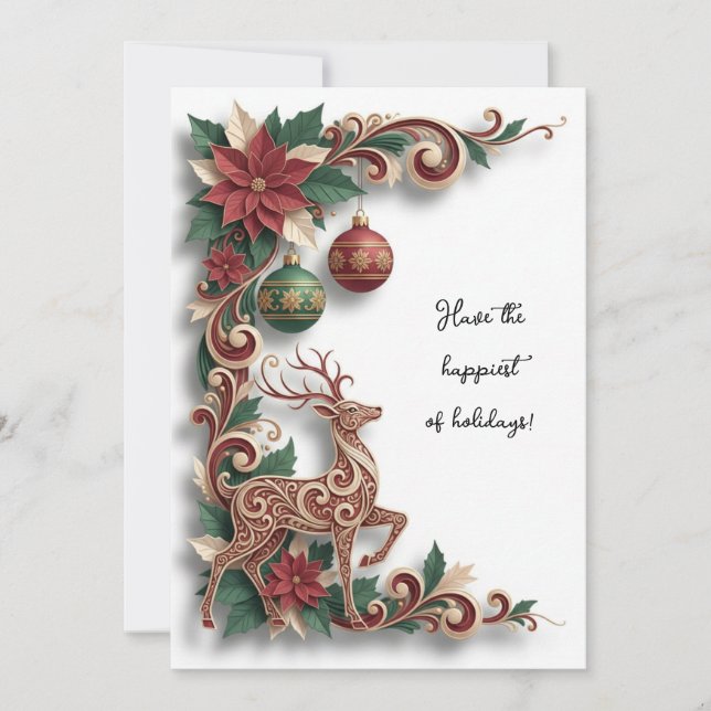 Elegant Deer Filigree Christmas Holiday Flat Card (Front)